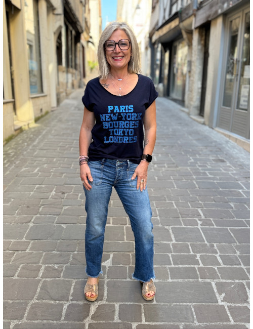 Tee shirt Paris New York Bourges marine paillettes indigo Anouk et Ninon