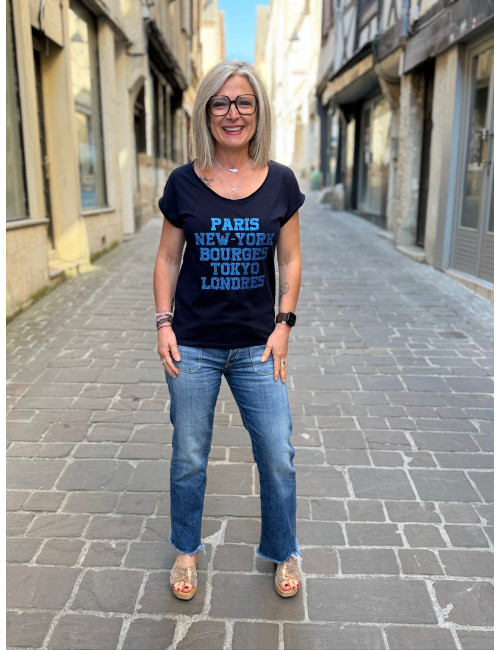 Tee shirt Paris New York Bourges marine paillettes indigo Anouk et Ninon