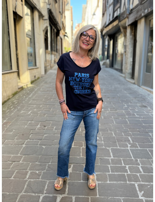 Tee shirt Paris New York Bourges marine paillettes indigo Anouk et Ninon