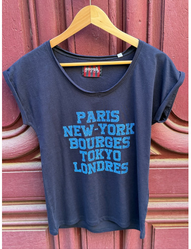 Tee shirt Paris New York Bourges marine paillettes indigo Anouk et Ninon
