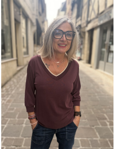 Tee shirt TICKA col V burgundy Le Temps Des Cerises