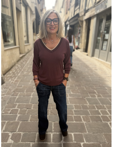 Tee shirt TICKA col V burgundy Le Temps Des Cerises