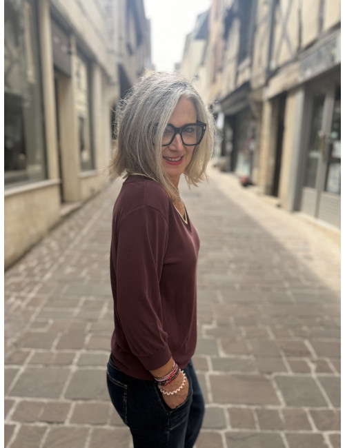 Tee shirt TICKA col V burgundy Le Temps Des Cerises
