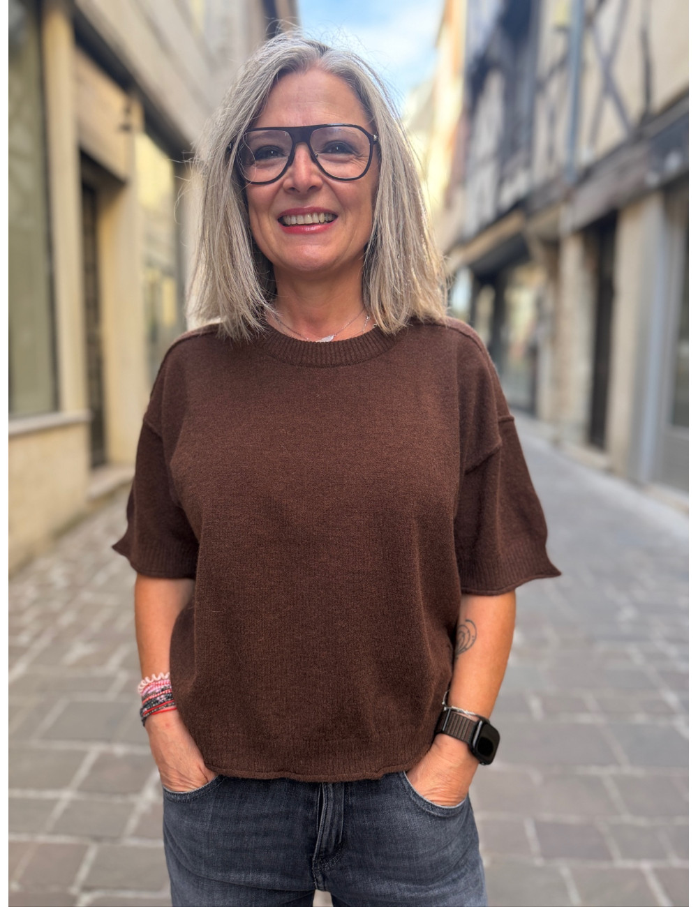 Pull manches courtes BEATA chocolat Orféo