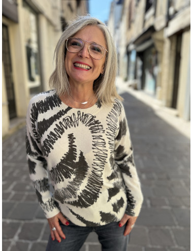 Pull cachemire crème, imprimé Charming Smile