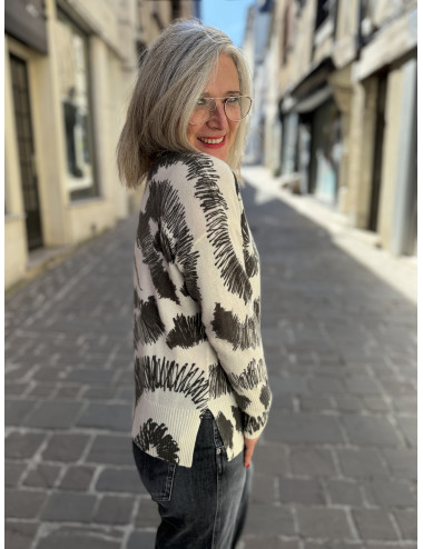 Pull cachemire crème, imprimé Charming Smile