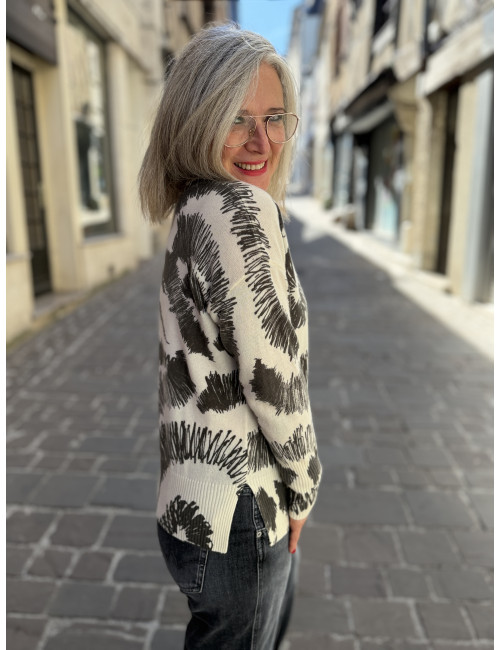 Pull cachemire crème, imprimé Charming Smile