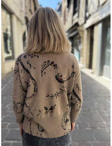 Pull cachemire latte imprimé Charming Smile