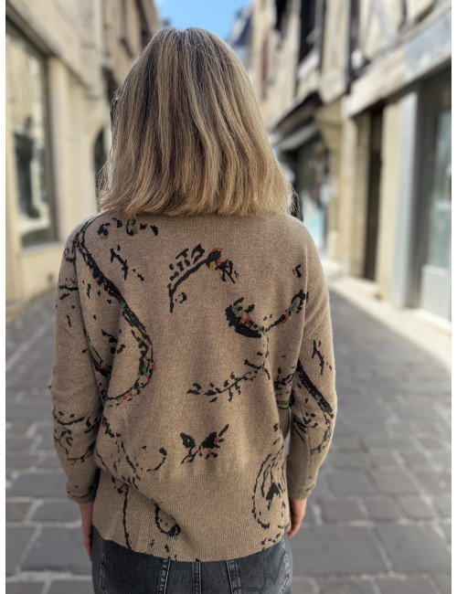 Pull cachemire latte imprimé Charming Smile