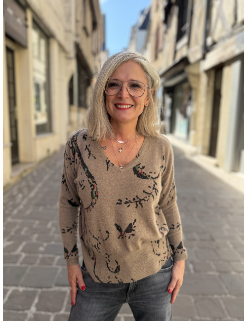 Pull cachemire latte imprimé Charming Smile