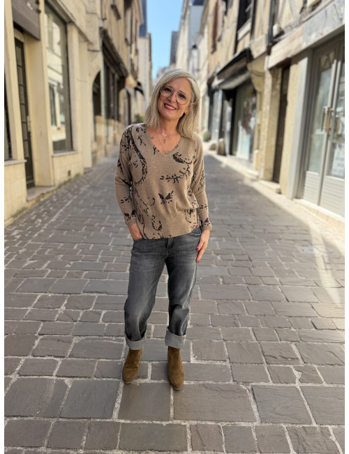 Pull cachemire latte imprimé Charming Smile