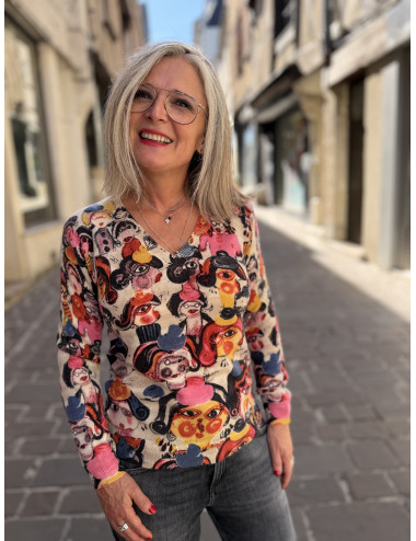 Pull cachemire imprimé  personnages Charming Smile