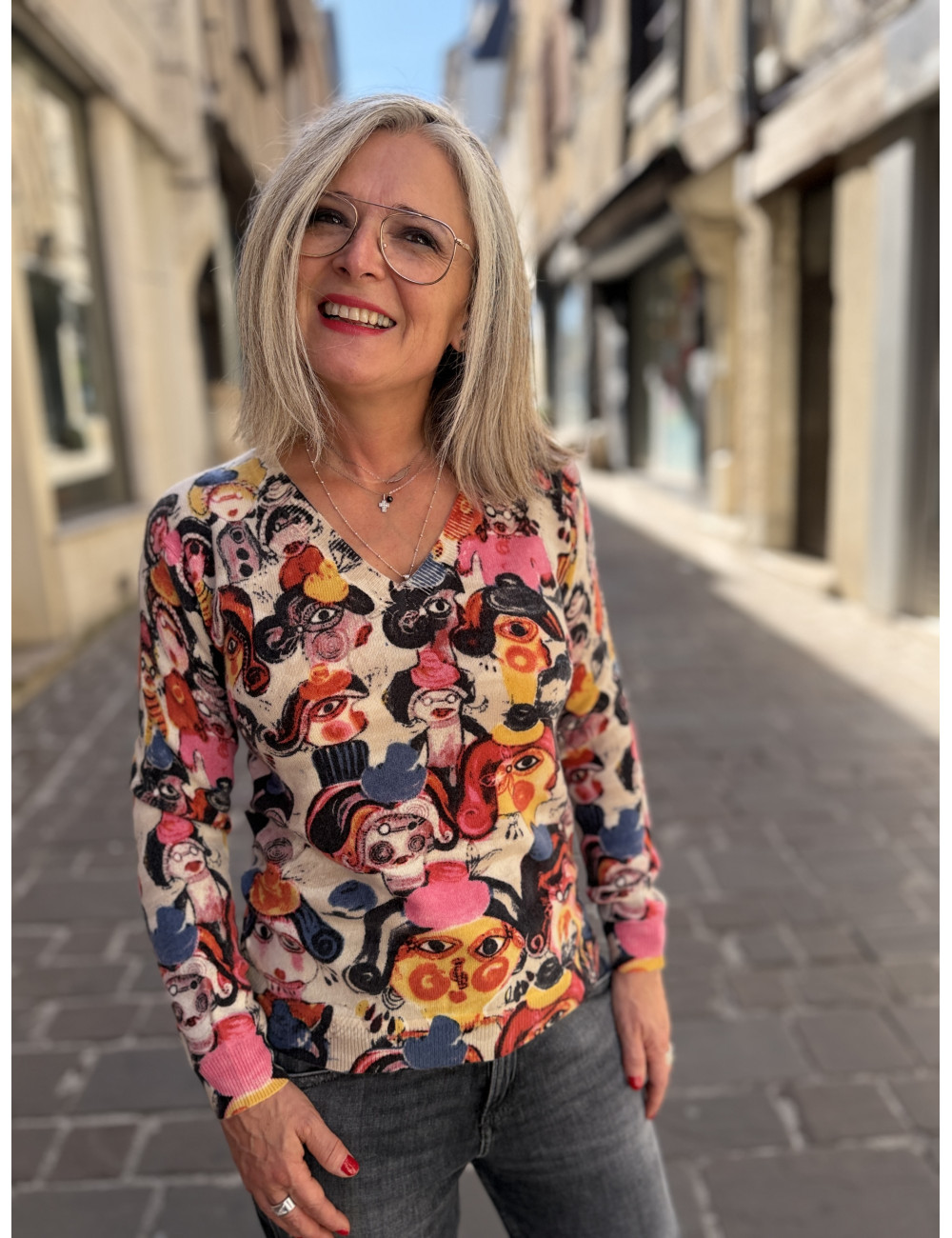 Pull cachemire imprimé  personnages Charming Smile