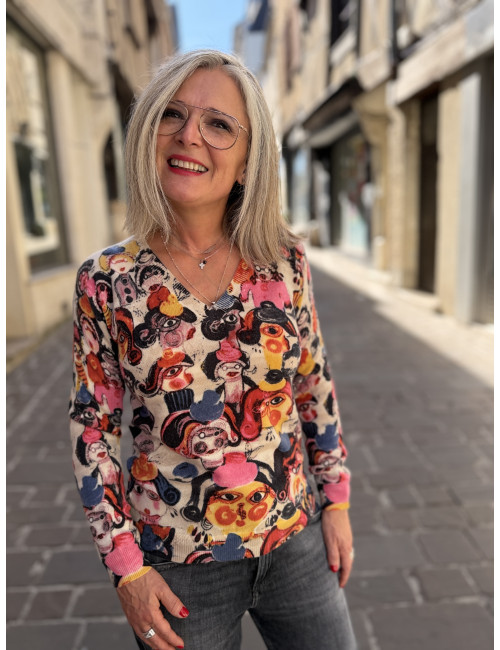 Pull cachemire imprimé  personnages Charming Smile