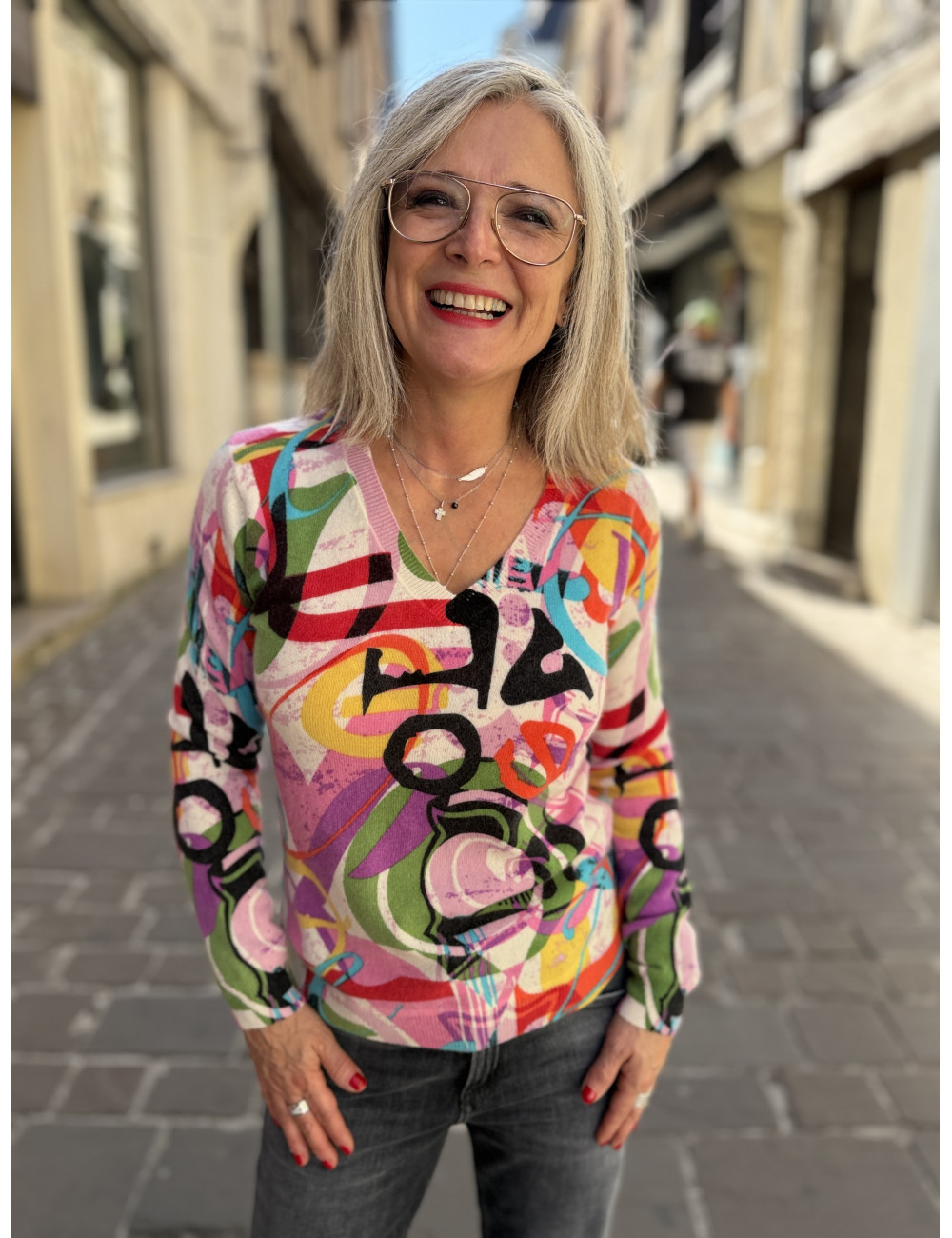 Pull cachemire imprimé grafique Charming Smile
