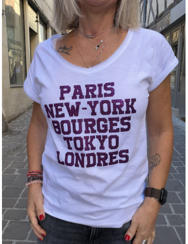 Tee shirt PARIS NEW YORK BOURGES TOKYO LONDRES paillettes aubergine