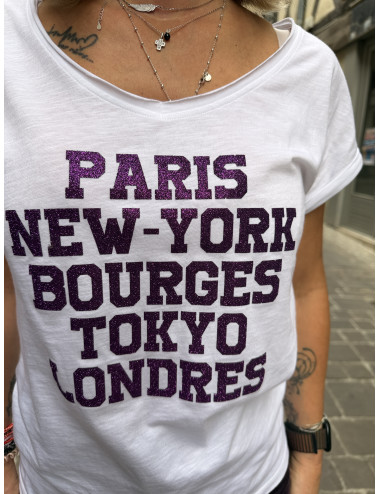 Tee shirt PARIS NEW YORK BOURGES TOKYO LONDRES paillettes aubergine
