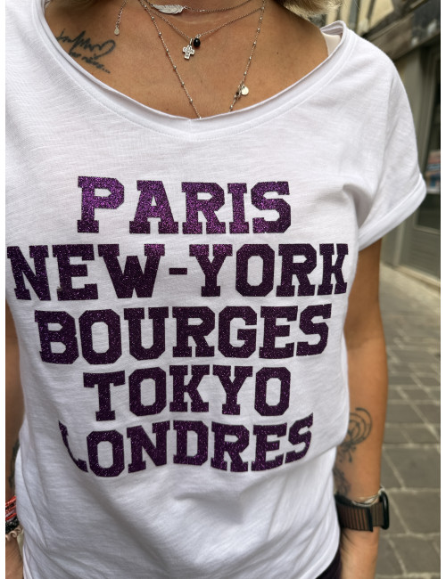 Tee shirt PARIS NEW YORK BOURGES TOKYO LONDRES paillettes aubergine
