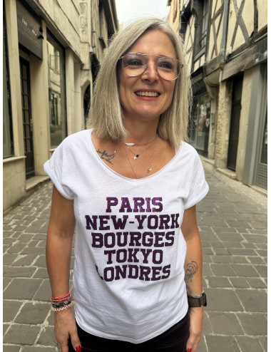 Tee shirt PARIS NEW YORK BOURGES TOKYO LONDRES paillettes aubergine