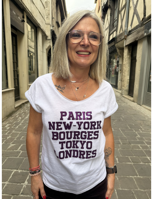 Tee shirt PARIS NEW YORK BOURGES TOKYO LONDRES paillettes aubergine