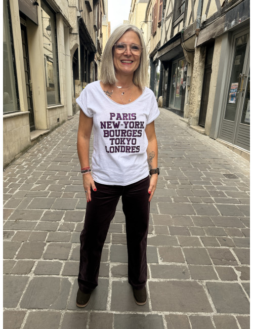 Tee shirt PARIS NEW YORK BOURGES TOKYO LONDRES paillettes aubergine
