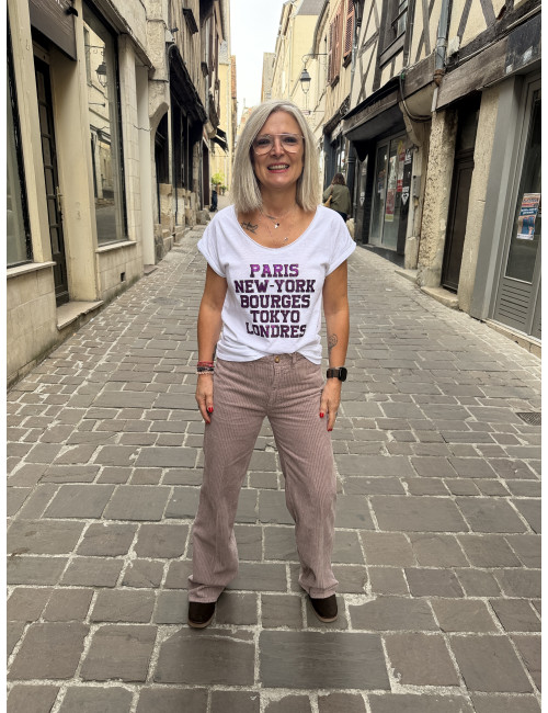 Tee shirt PARIS NEW YORK BOURGES TOKYO LONDRES paillettes aubergine