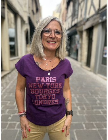 Tee shirt PARIS NEW YORK BOURGES TOKYO LONDRES paillettes framboise