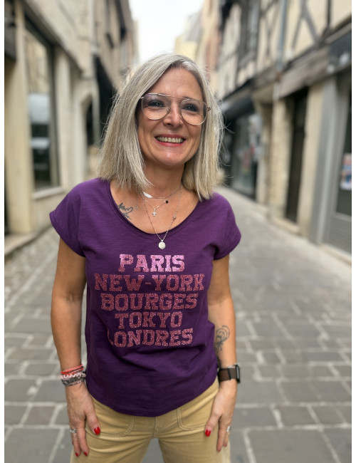 Tee shirt PARIS NEW YORK BOURGES TOKYO LONDRES paillettes framboise