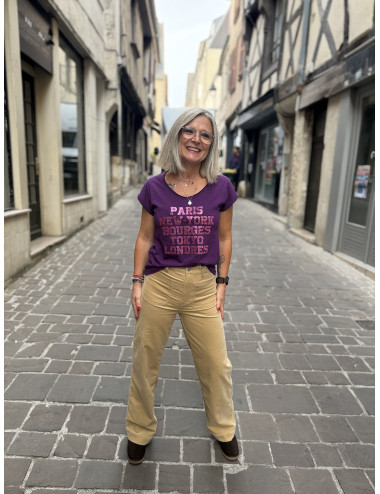 Tee shirt PARIS NEW YORK BOURGES TOKYO LONDRES paillettes framboise