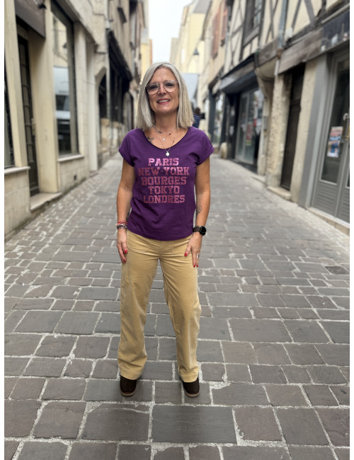 Tee shirt PARIS NEW YORK BOURGES TOKYO LONDRES paillettes framboise