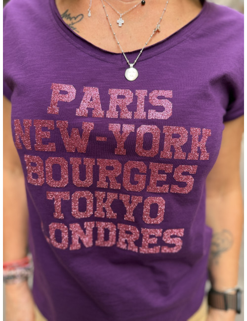Tee shirt PARIS NEW YORK BOURGES TOKYO LONDRES paillettes framboise