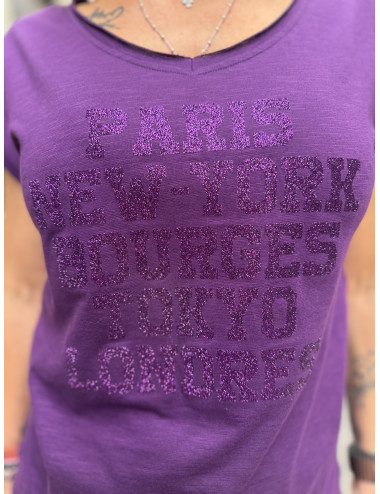 Tee shirt PARIS NEW YORK BOURGES TOKYO LONDRES violet/aubergine
