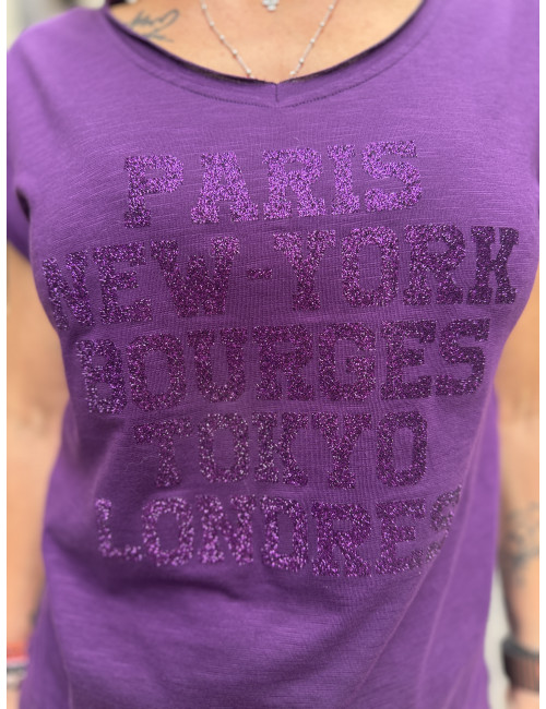 Tee shirt PARIS NEW YORK BOURGES TOKYO LONDRES violet/aubergine