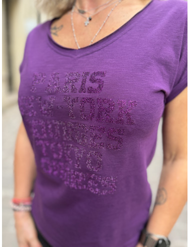 Tee shirt PARIS NEW YORK BOURGES TOKYO LONDRES violet/aubergine